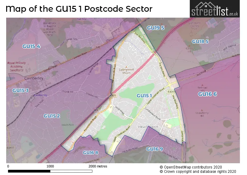 Map of the GU15 1 and surrounding postcode sector