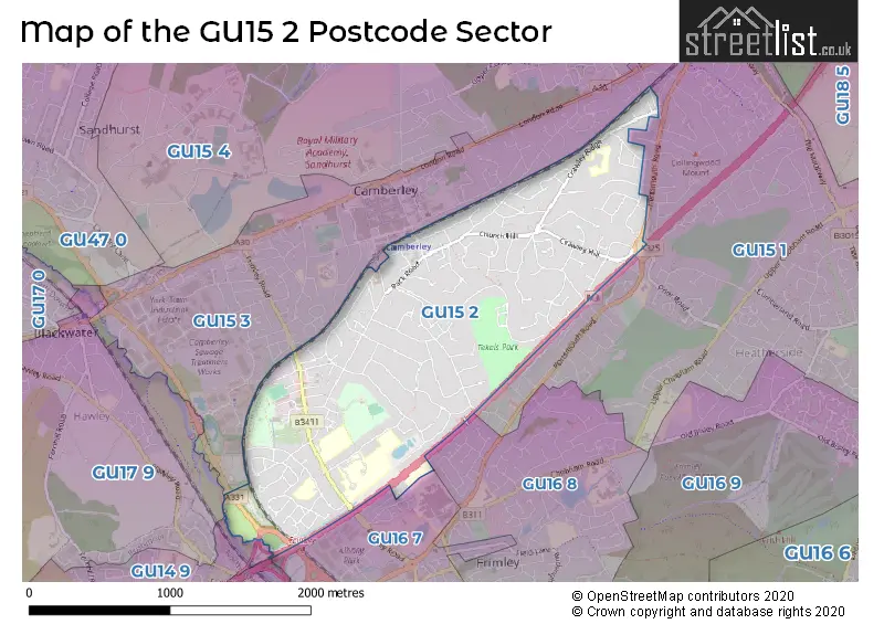 Map of the GU15 2 and surrounding postcode sector