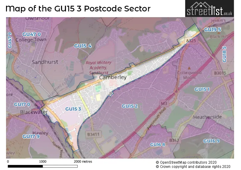 Map of the GU15 3 and surrounding postcode sector