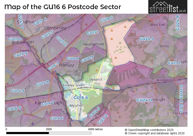 Map of the GU16 6 and surrounding postcode sector