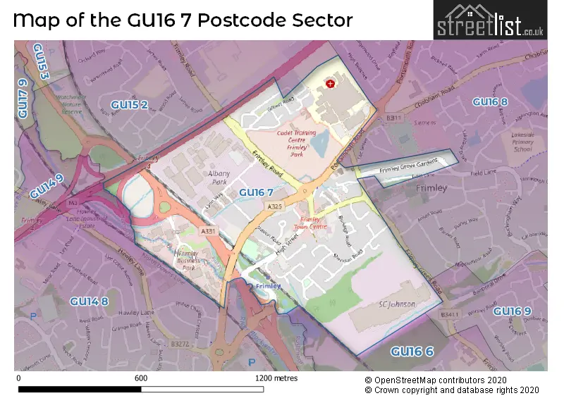 Map of the GU16 7 and surrounding postcode sector