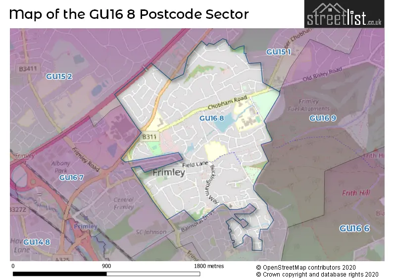 Map of the GU16 8 and surrounding postcode sector