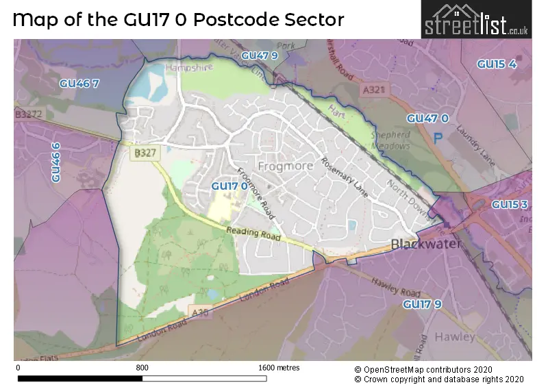 Map of the GU17 0 and surrounding postcode sector