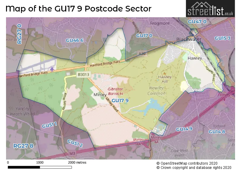 Map of the GU17 9 and surrounding postcode sector