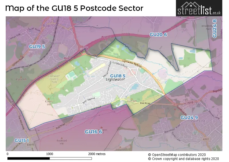 Map of the GU18 5 and surrounding postcode sector