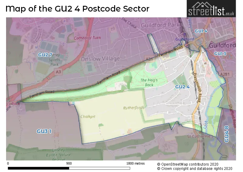Map of the GU2 4 and surrounding postcode sector
