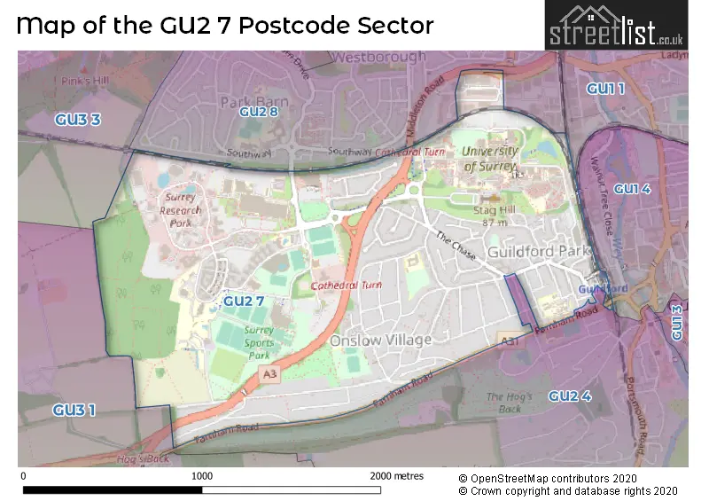 Map of the GU2 7 and surrounding postcode sector