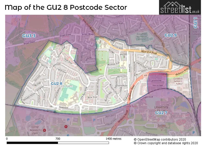 Map of the GU2 8 and surrounding postcode sector