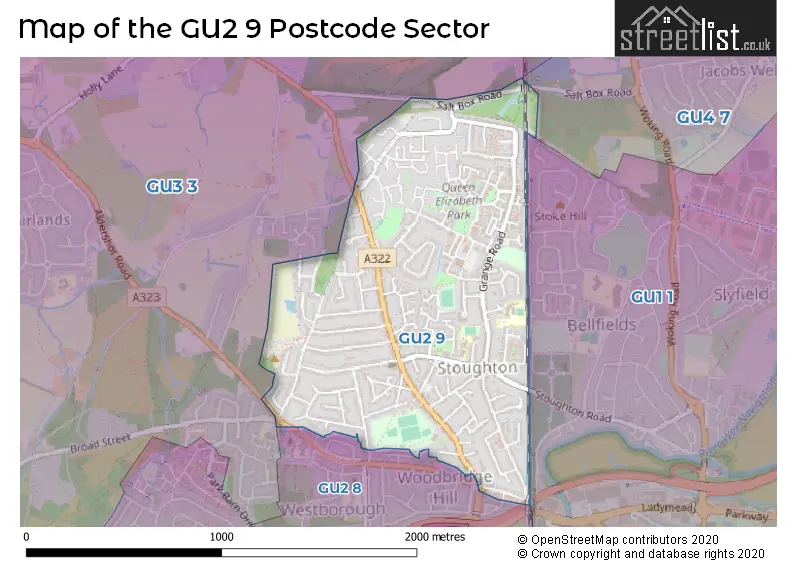 Map of the GU2 9 and surrounding postcode sector