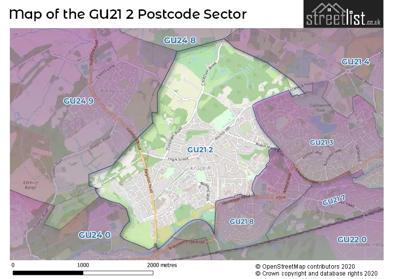 Map of the GU21 2 and surrounding postcode sector
