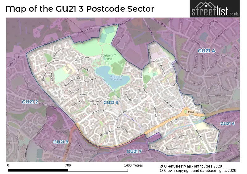 Map of the GU21 3 and surrounding postcode sector