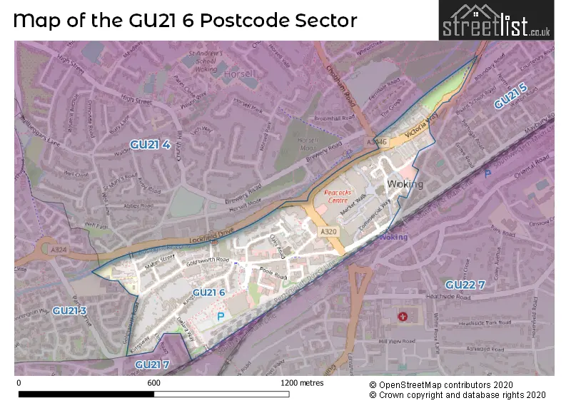 Map of the GU21 6 and surrounding postcode sector