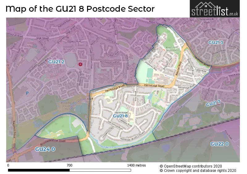 Map of the GU21 8 and surrounding postcode sector