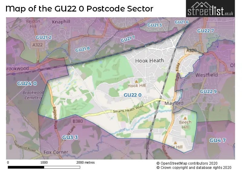 Map of the GU22 0 and surrounding postcode sector