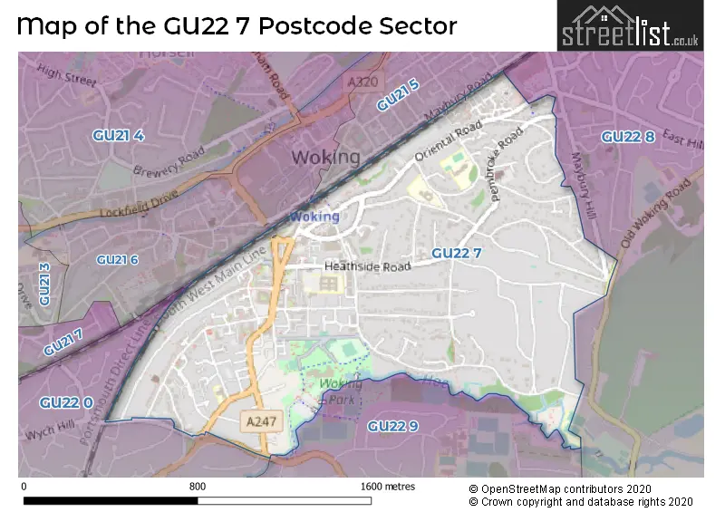 Map of the GU22 7 and surrounding postcode sector
