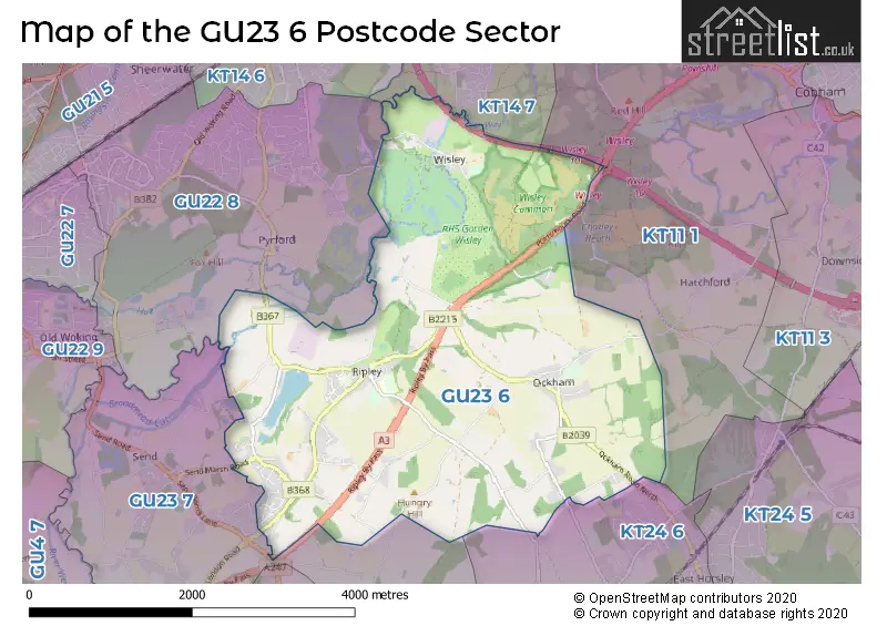 Map of the GU23 6 and surrounding postcode sector