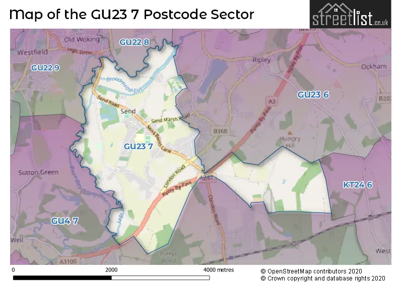 Map of the GU23 7 and surrounding postcode sector