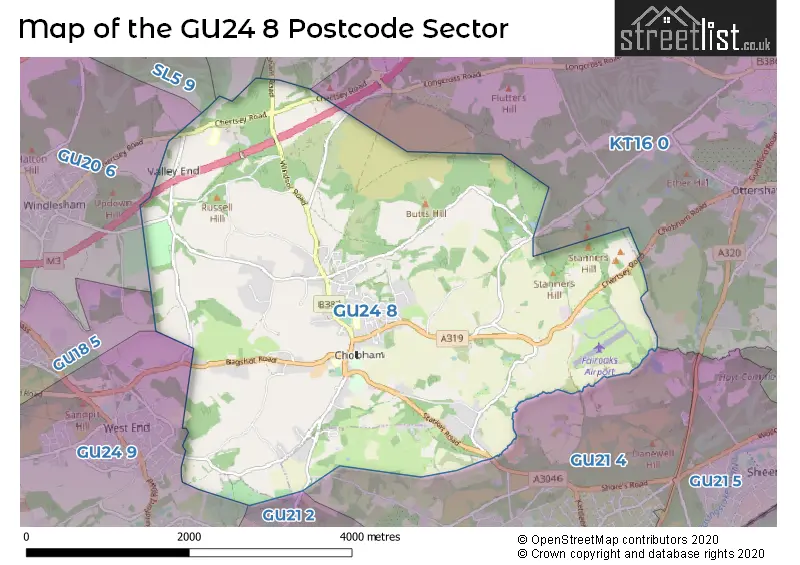 Map of the GU24 8 and surrounding postcode sector