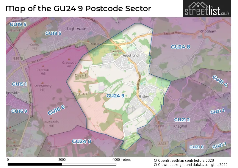 Map of the GU24 9 and surrounding postcode sector