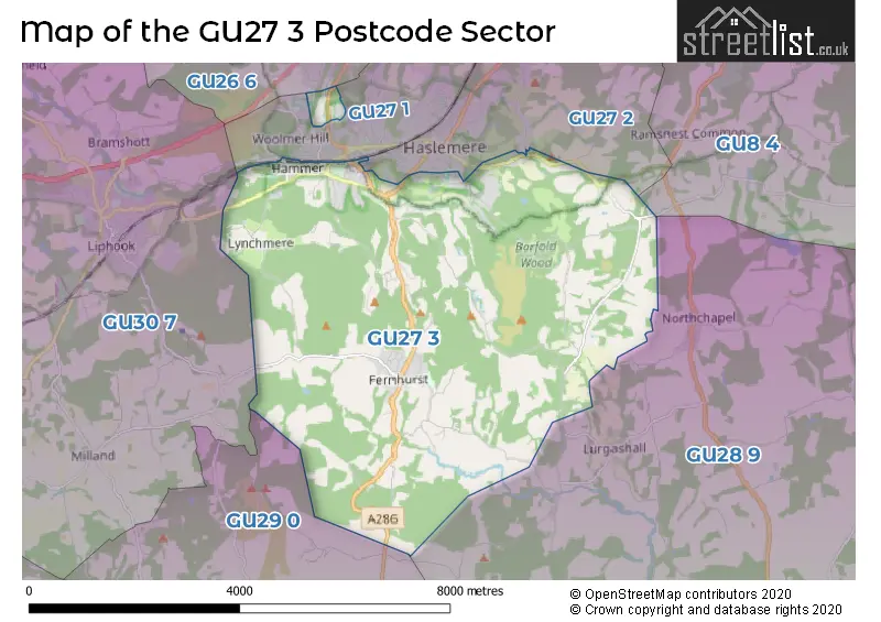 Map of the GU27 3 and surrounding postcode sector