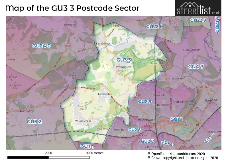 Map of the GU3 3 and surrounding postcode sector