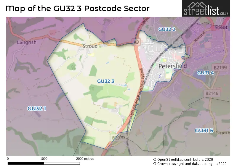 Map of the GU32 3 and surrounding postcode sector