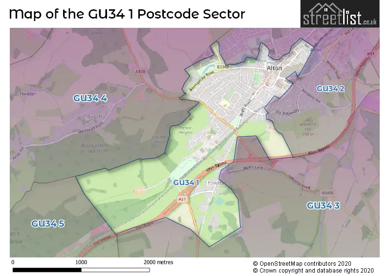 Map of the GU34 1 and surrounding postcode sector