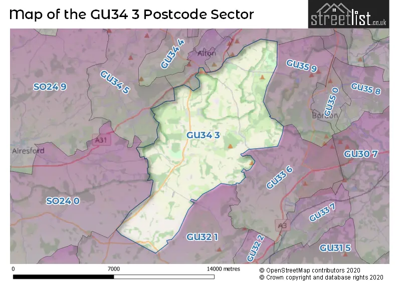 Map of the GU34 3 and surrounding postcode sector