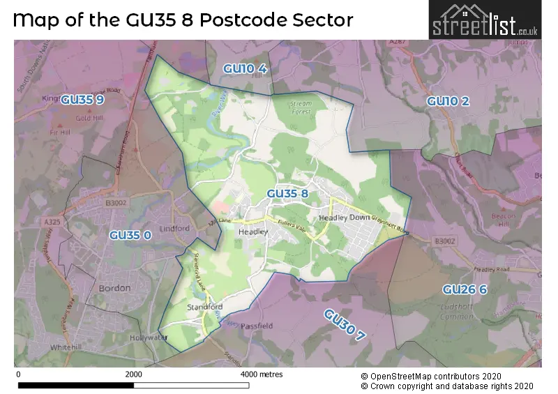Map of the GU35 8 and surrounding postcode sector