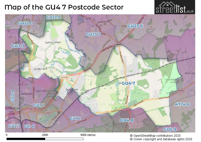 Map of the GU4 7 and surrounding postcode sector