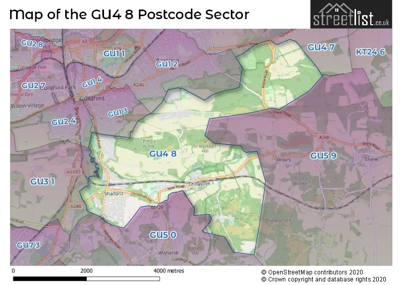 Map of the GU4 8 and surrounding postcode sector