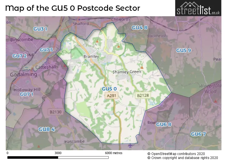 Map of the GU5 0 and surrounding postcode sector