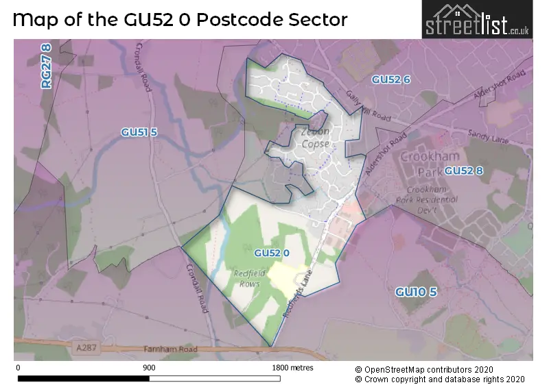 Map of the GU52 0 and surrounding postcode sector