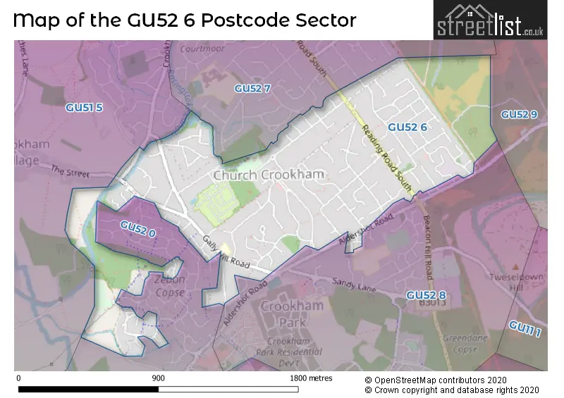 Map of the GU52 6 and surrounding postcode sector