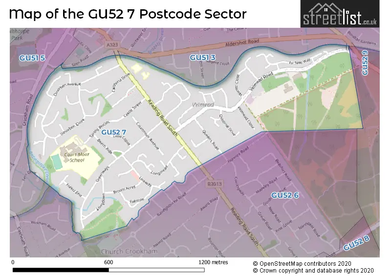 Map of the GU52 7 and surrounding postcode sector