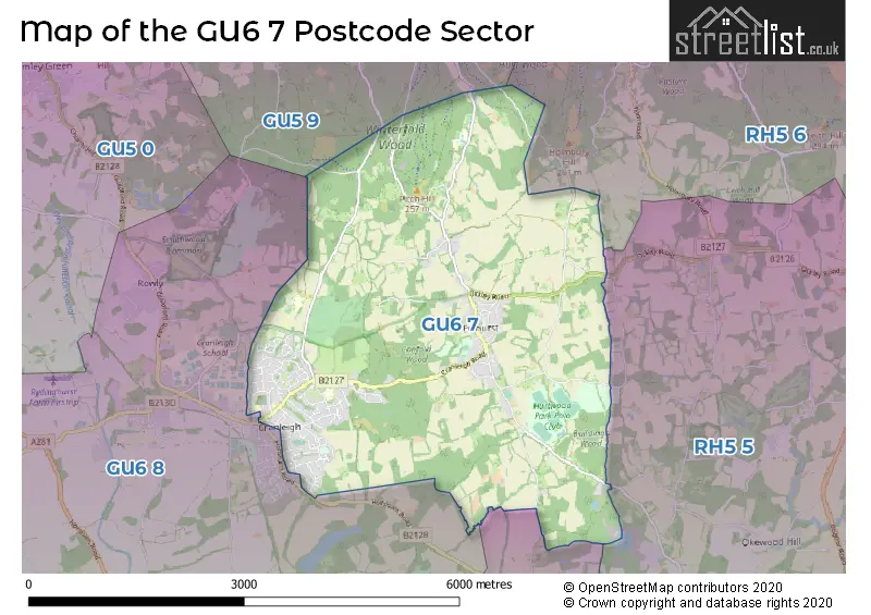 Map of the GU6 7 and surrounding postcode sector