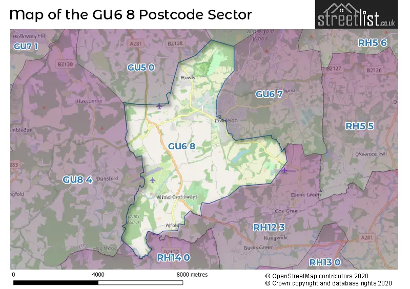 Map of the GU6 8 and surrounding postcode sector