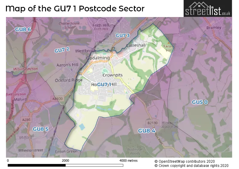 Map of the GU7 1 and surrounding postcode sector