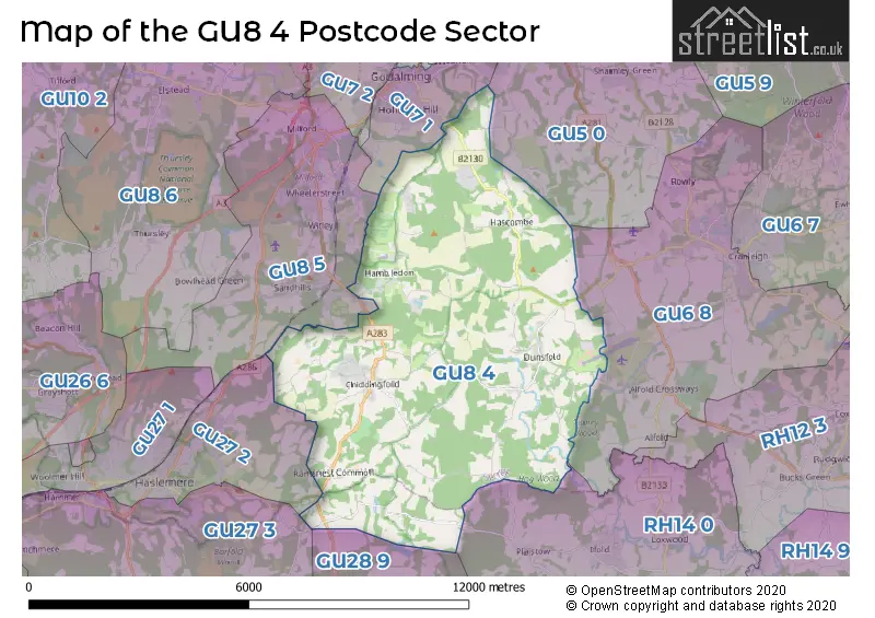 Map of the GU8 4 and surrounding postcode sector