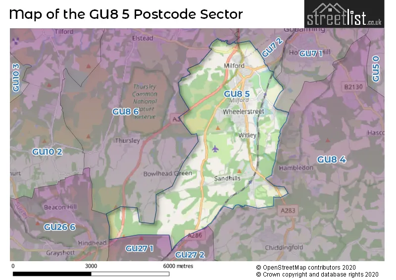 Map of the GU8 5 and surrounding postcode sector