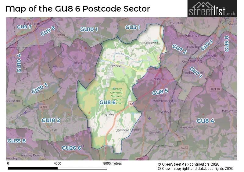 Map of the GU8 6 and surrounding postcode sector