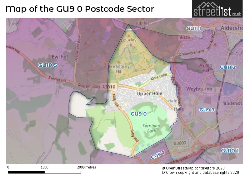 Map of the GU9 0 and surrounding postcode sector