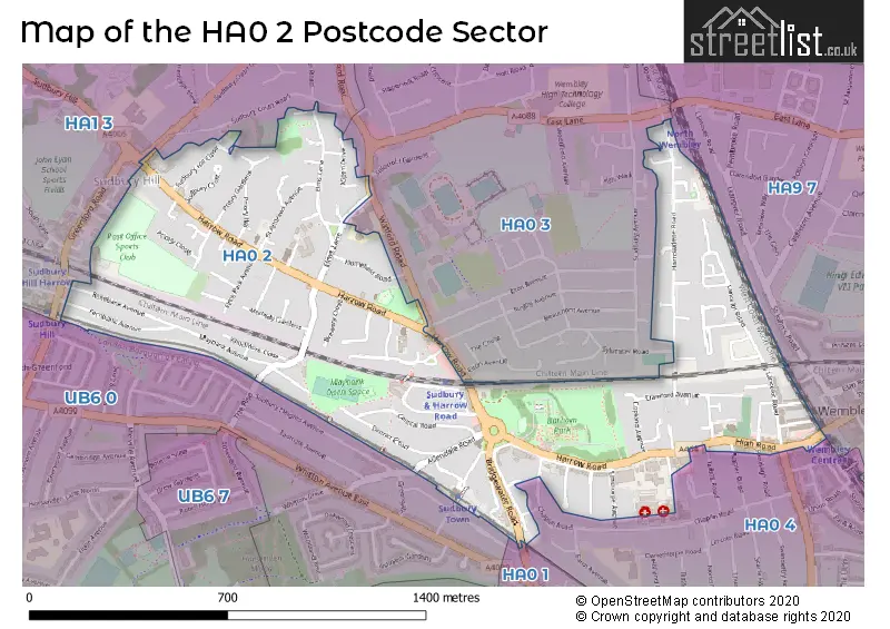 Map of the HA0 2 and surrounding postcode sector
