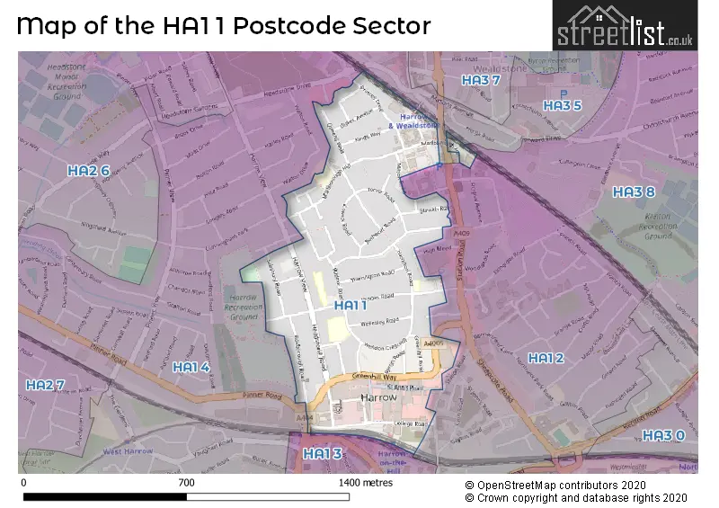 Map of the HA1 1 and surrounding postcode sector