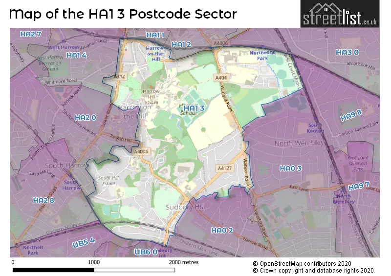 Map of the HA1 3 and surrounding postcode sector