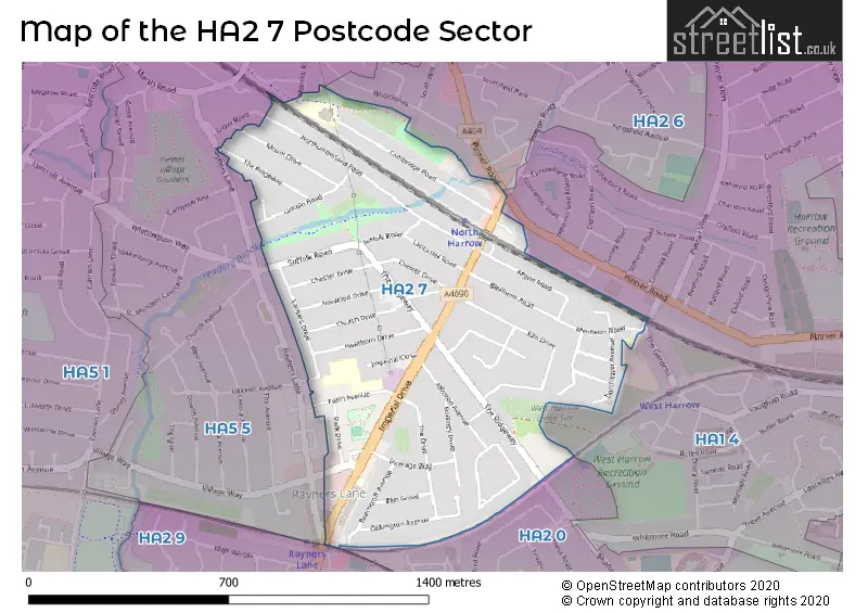 Map of the HA2 7 and surrounding postcode sector