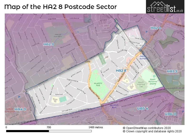 Map of the HA2 8 and surrounding postcode sector