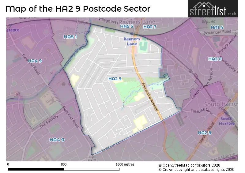 Map of the HA2 9 and surrounding postcode sector