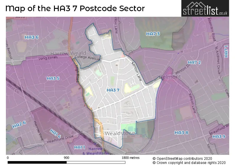 Map of the HA3 7 and surrounding postcode sector