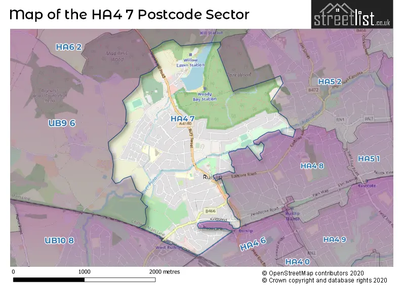 Map of the HA4 7 and surrounding postcode sector